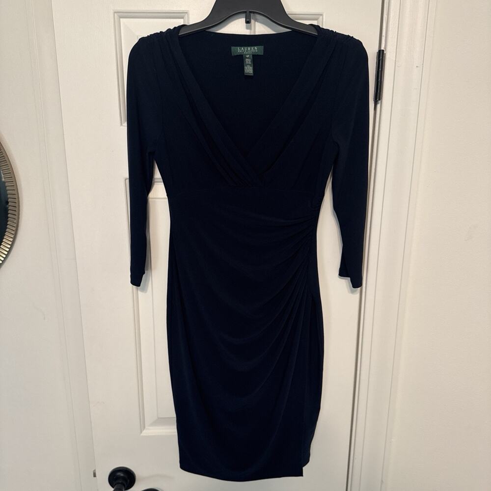 Lauren Ralph Lauren 4P Navy Blue Ruched Sheath Dress 3/4 Sleeve V Neck